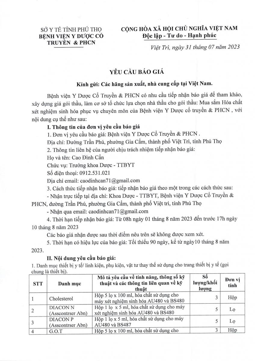 Bệnh viện Y Dược cổ truyền và PHCN Phú Thọ yêu cầu báo giá 01/08/2023