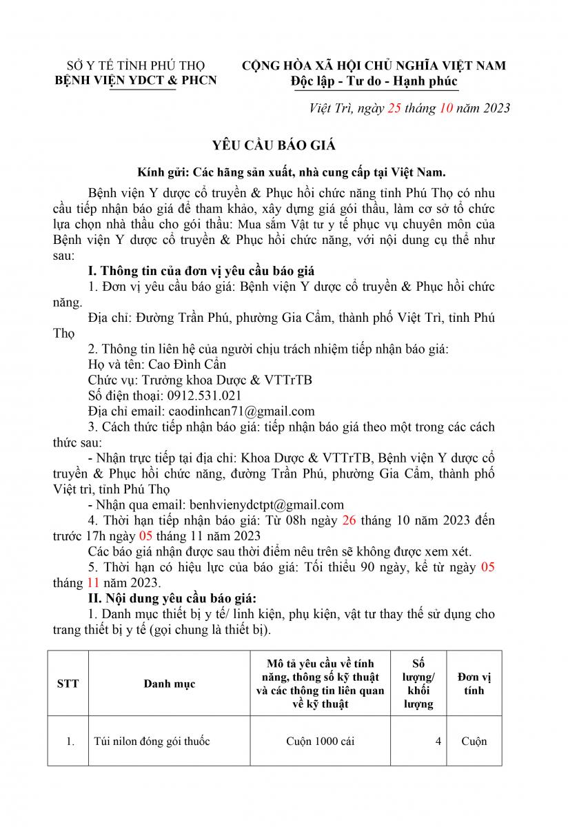 YÊU CẦU BÁO GIÁ VẬT TƯ + HÓA CHẤT