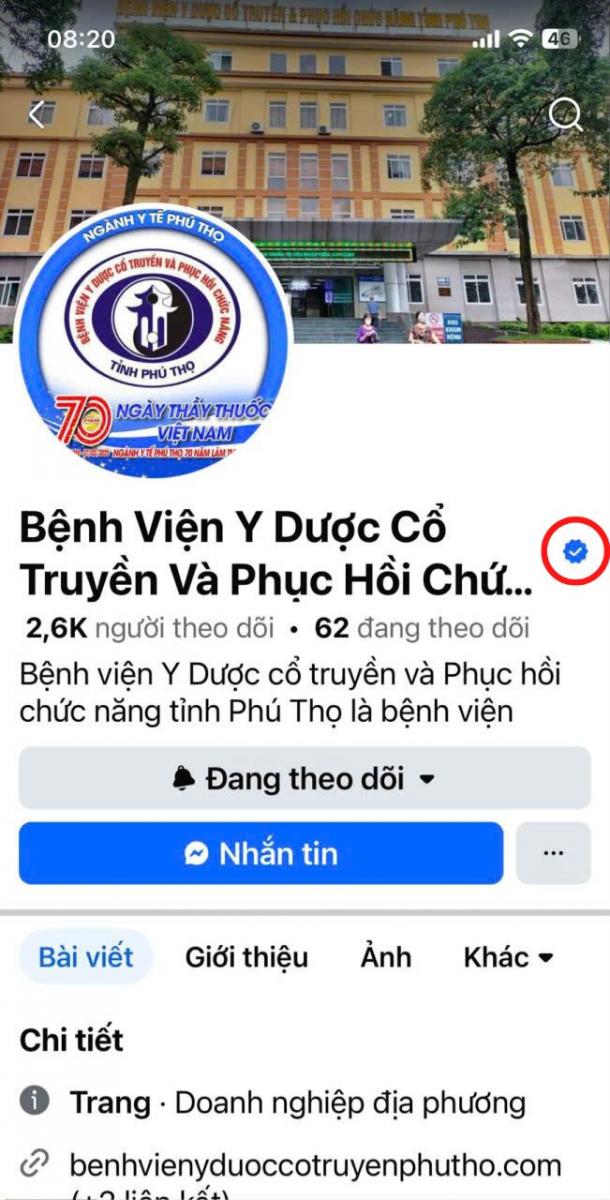 Fanpage Bệnh viện Y Dược cổ truyền và Phục hồi chức năng tỉnh Phú Thọ chính thức được Facebook xác minh tích xanh