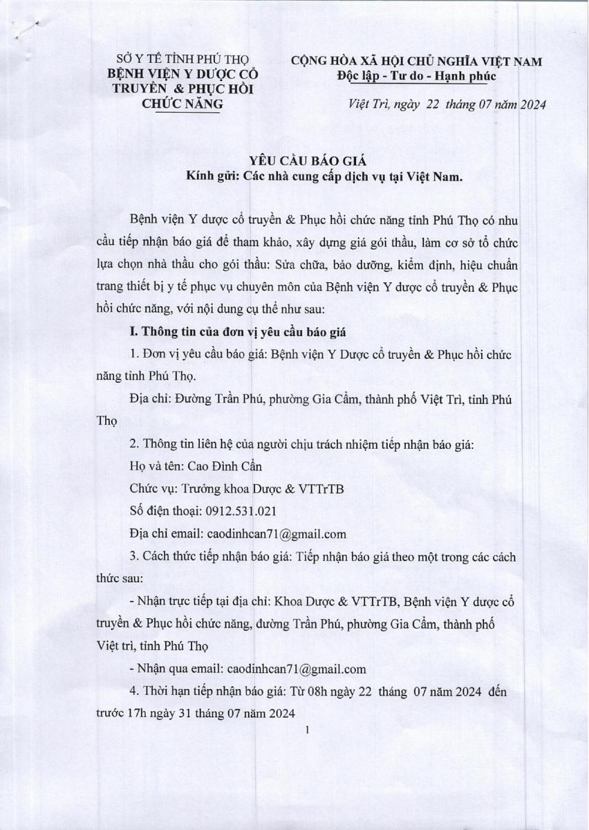 YÊU CẦU BÁO GIÁ