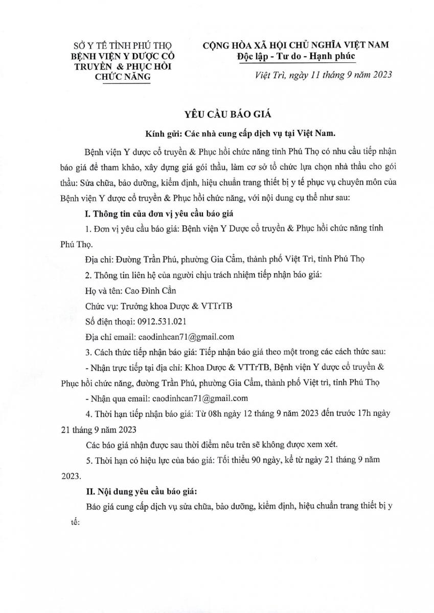 YÊU CẦU BÁO GIÁ