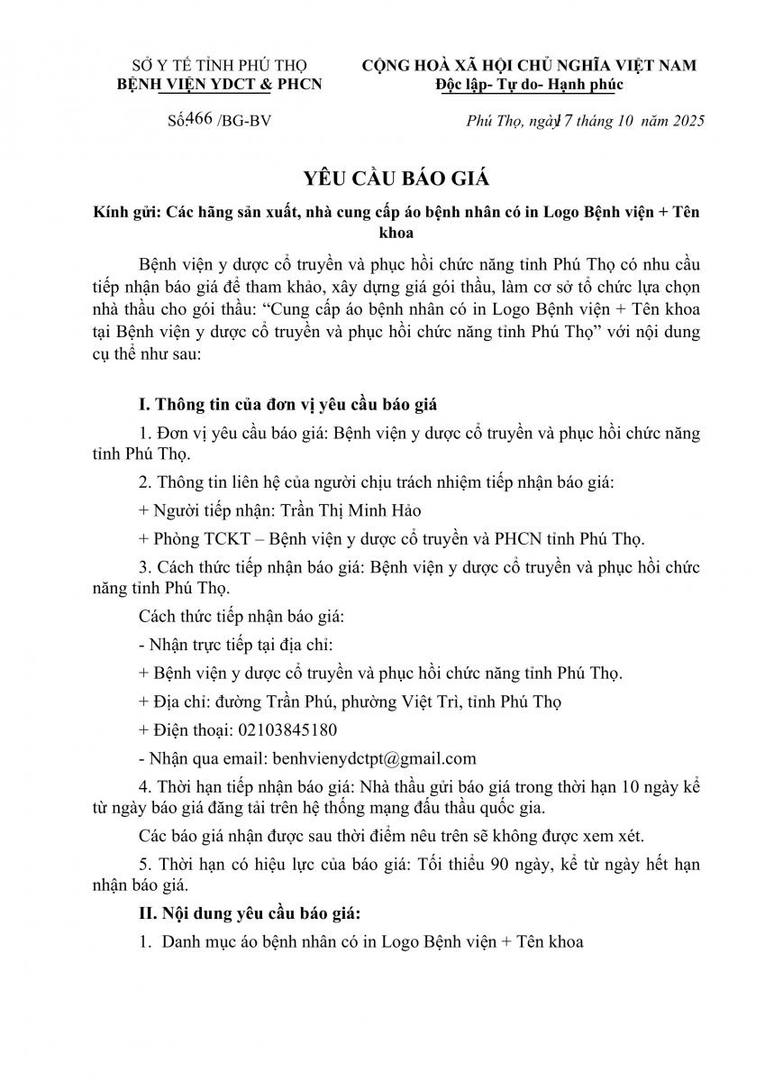 YÊU CẦU BÁO GIÁ CUNG CẤP ÁO BỆNH NHÂN CÓ IN LOGO BỆNH VIỆN