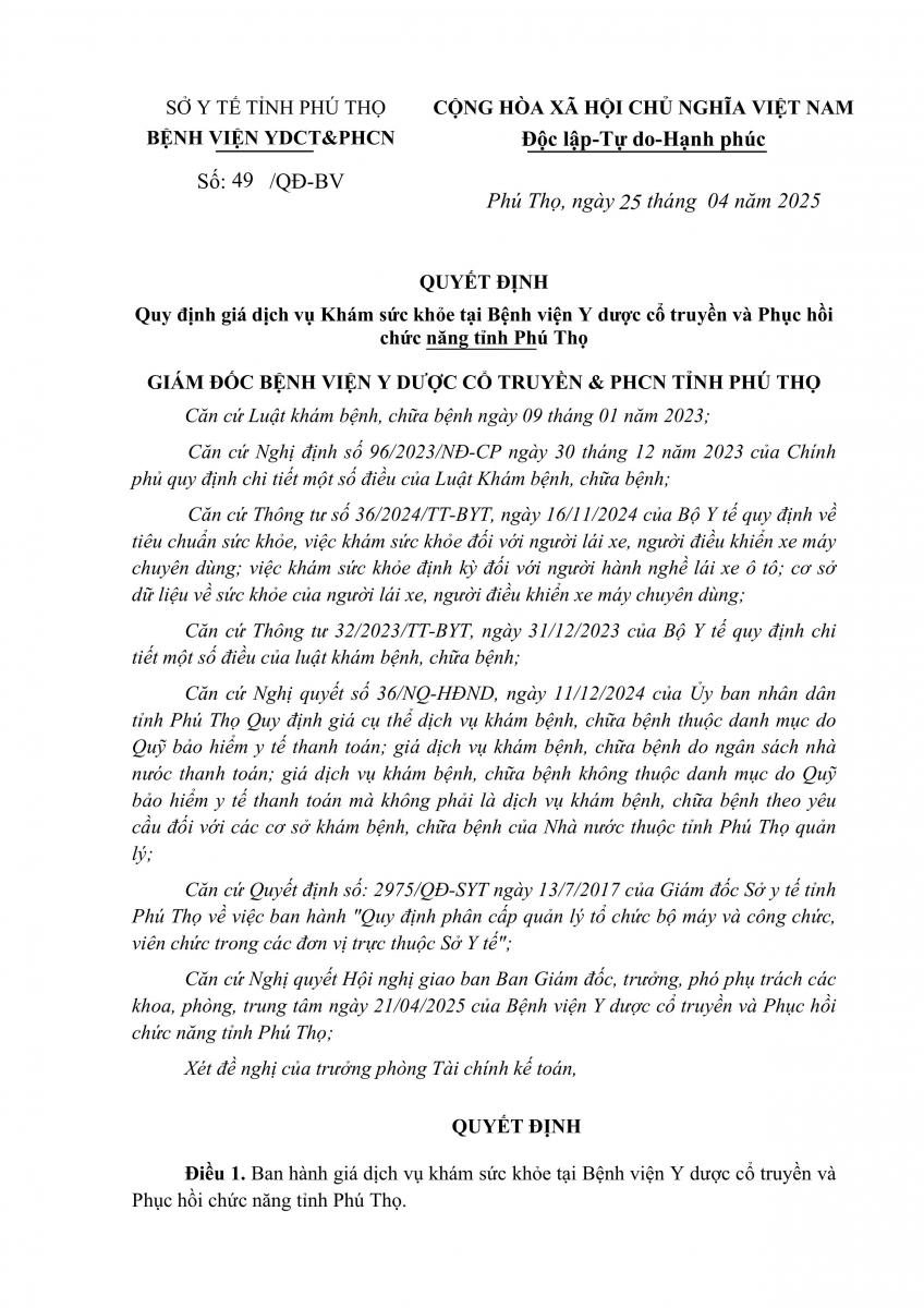 BẢNG GIÁ KHÁM SỨC KHỎE