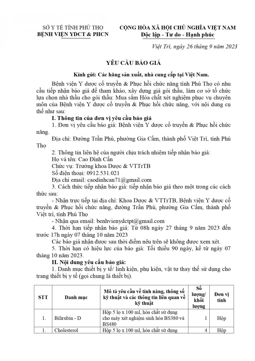 YÊU CẦU BÁO GIÁ