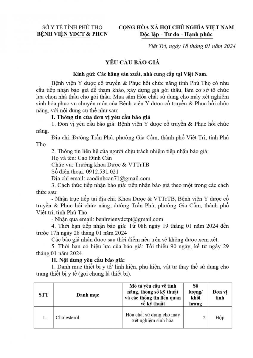 YỀU CẦU BÁO GIÁ HÓA CHẤT SINH HÓA