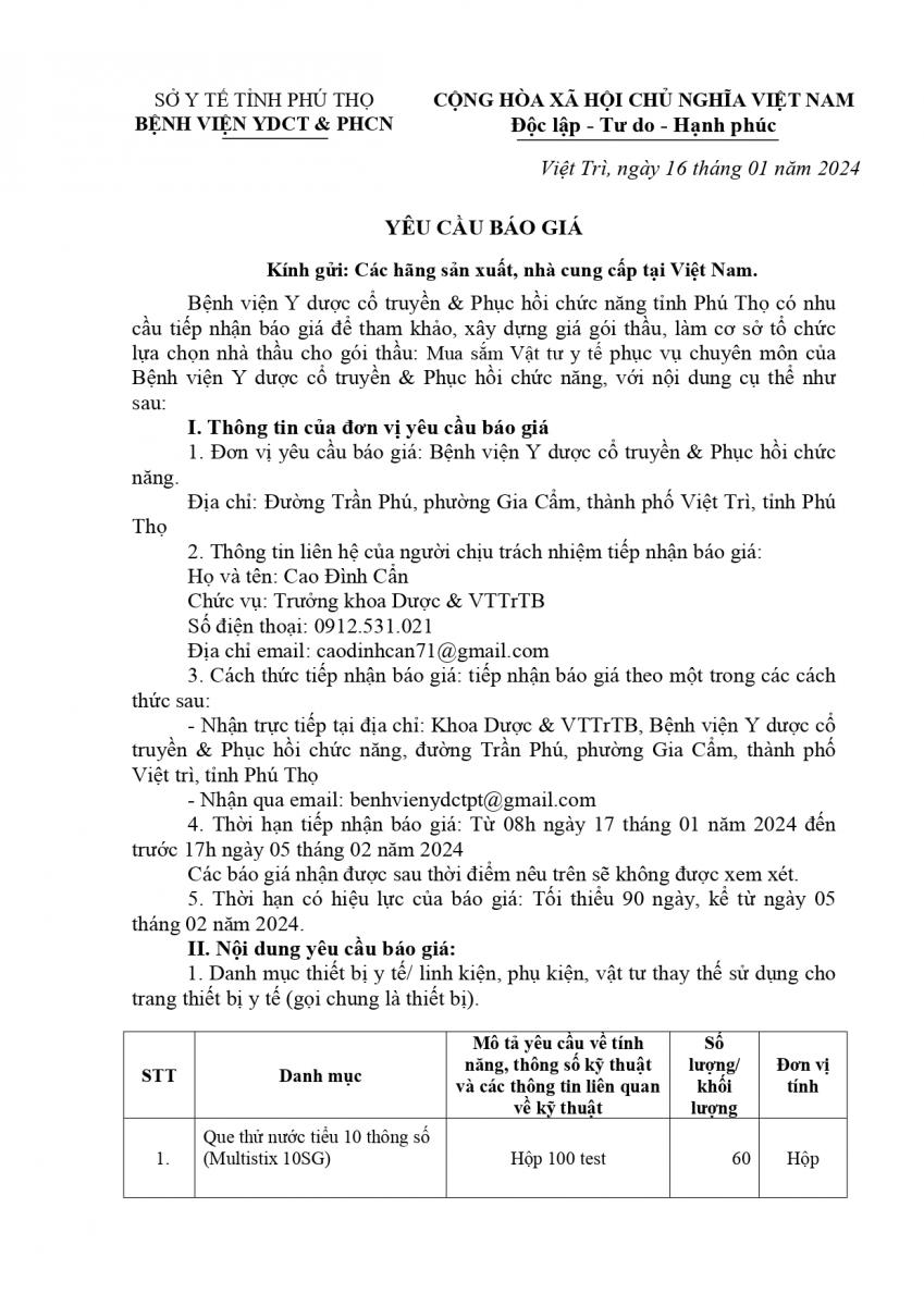 YÊU CẦU BÁO GIÁ